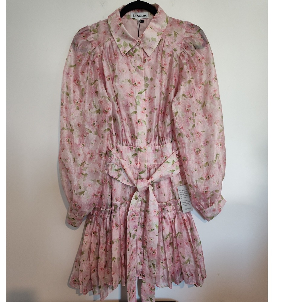 En Saison Pink Floral Puff Sleeve Mini Dress IEI4006D-1 NWT L